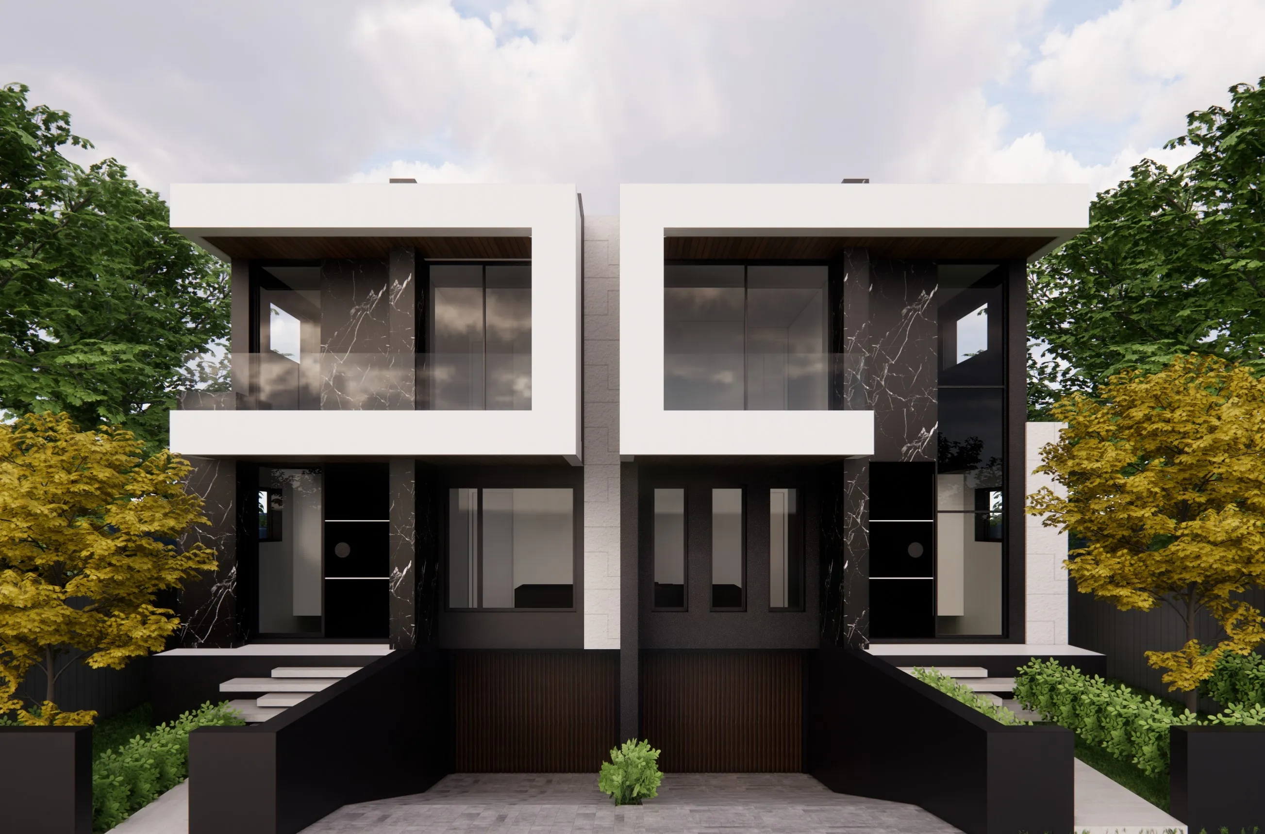 Symmetrical dual-occupancy with marble cladding
