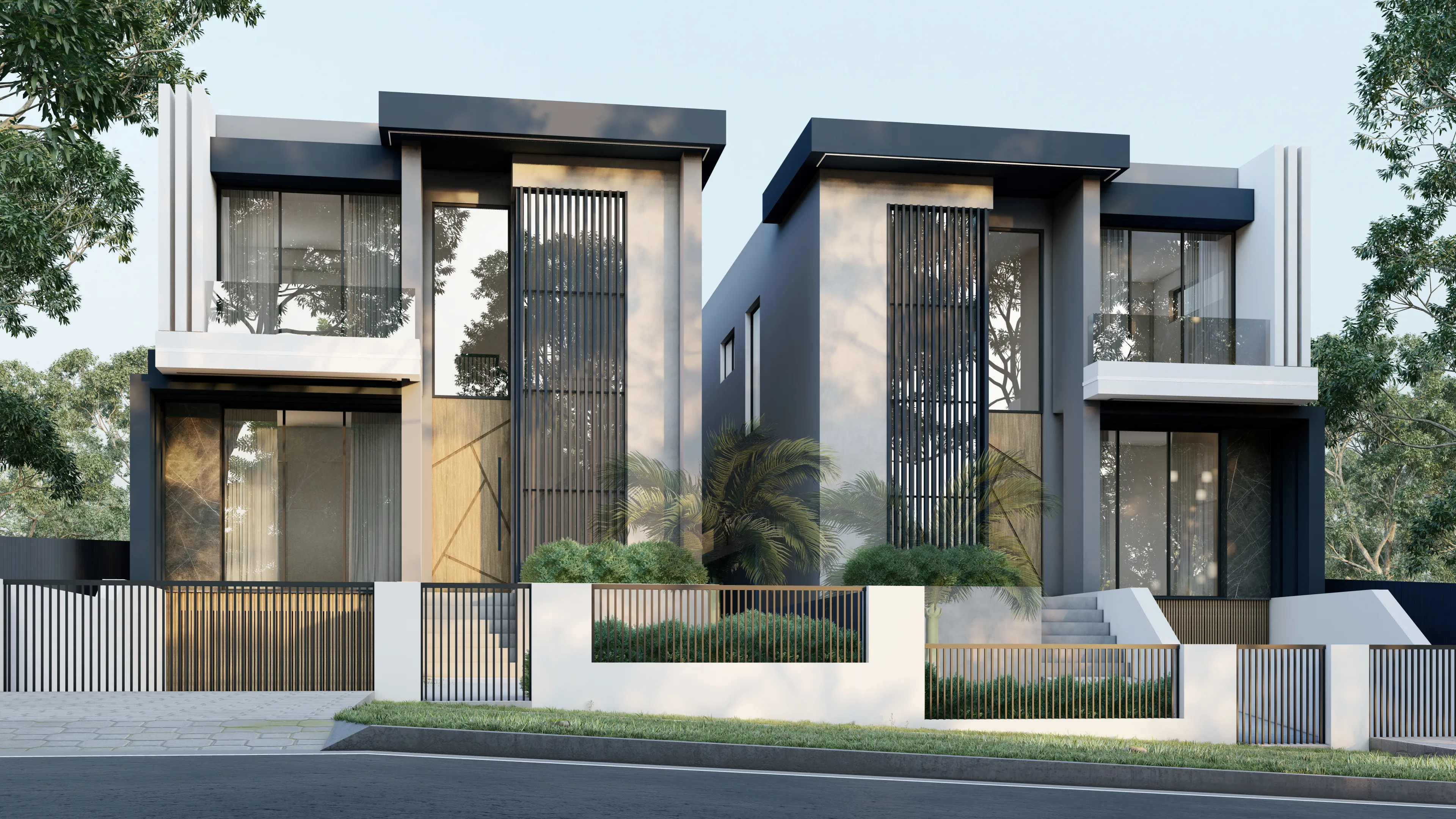 Symmetrical two-storey modern duplex with vertical louvre screens, dark cladding and warm dusk lighting.