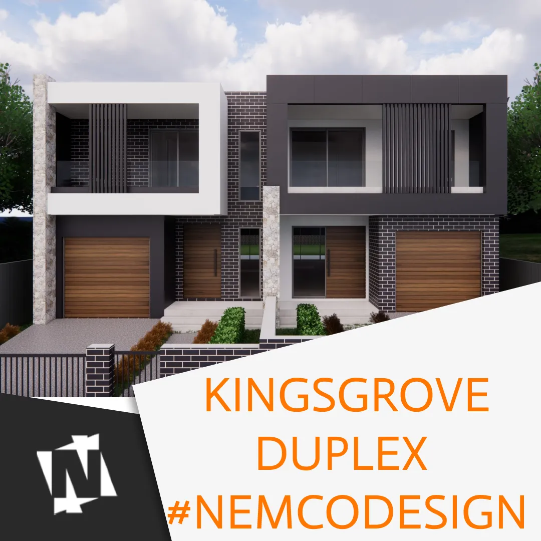 Modern duplex with dark brick, stone columns and vertical blade screens.