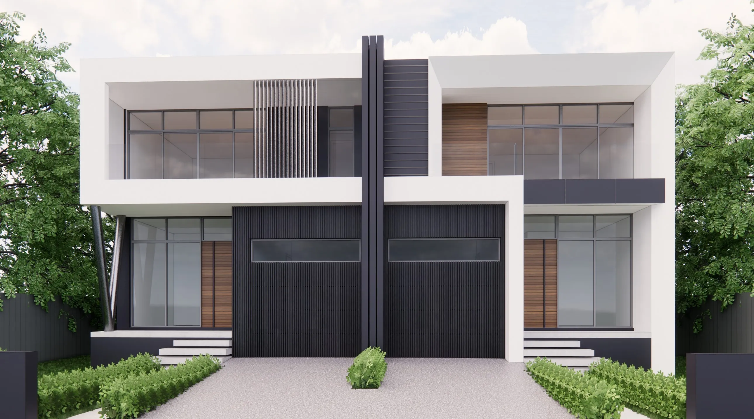 Charcoal-and-white facade with timber accents